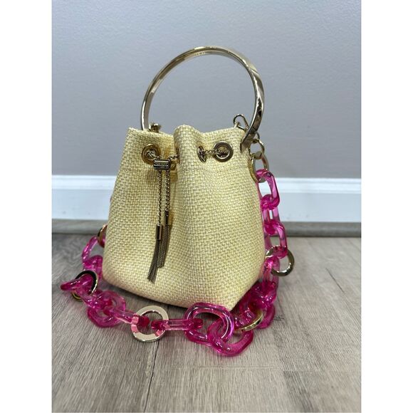 JIMMY CHOO Bon Bon Small Acrylic-trimmed Raffia Bucket Bag $1650 - Picture 6 of 12
